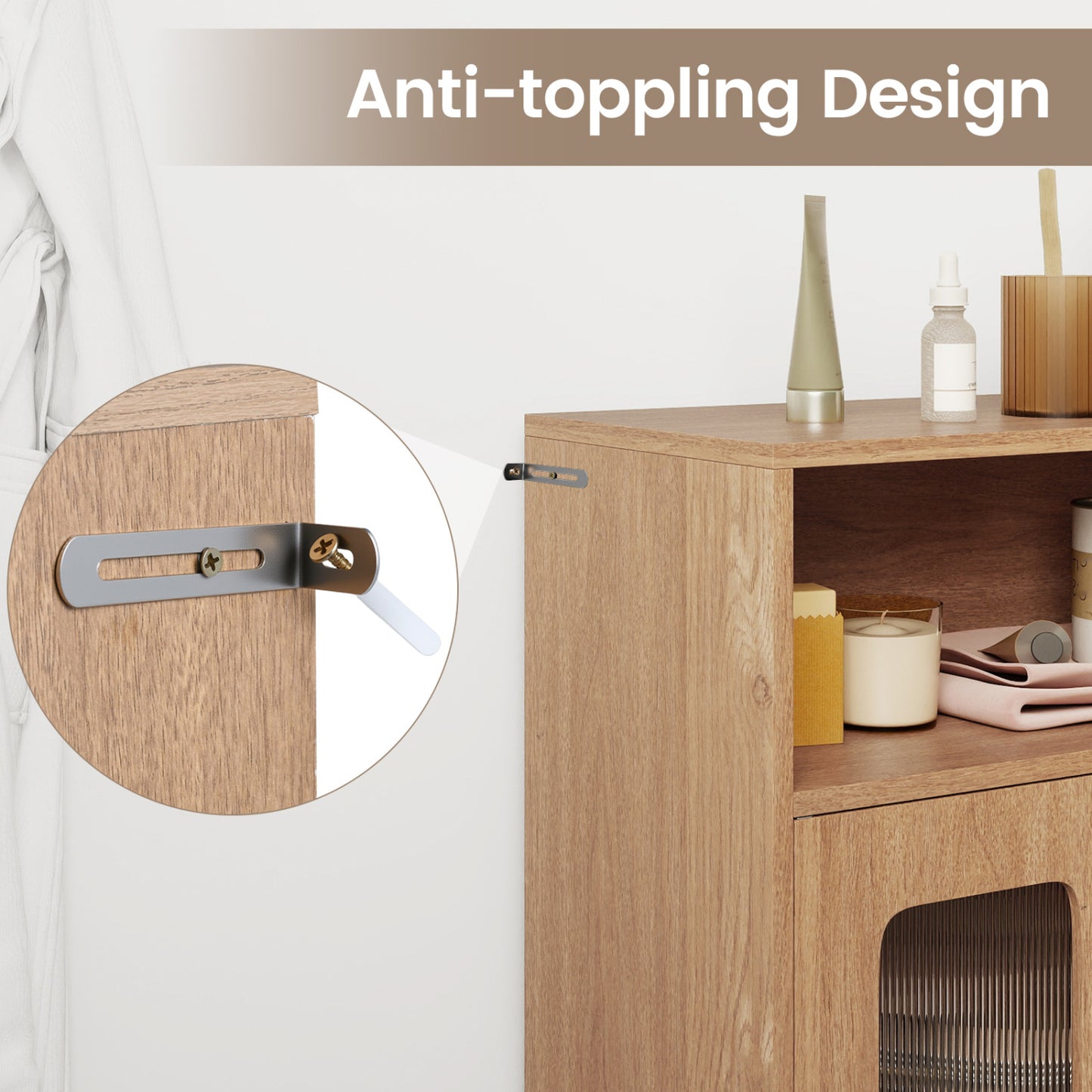 Bathroom Cabinet Freestanding Cabinet with 2 Doors and 3-Level Adjustable Shelf, Natural Floor Cabinets at Gallery Canada