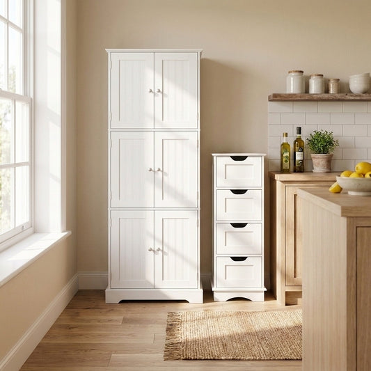 6-Door Tall Bathroom Cabinet Set, 4-Drawer, White Floor Cabinets White at Gallery Canada