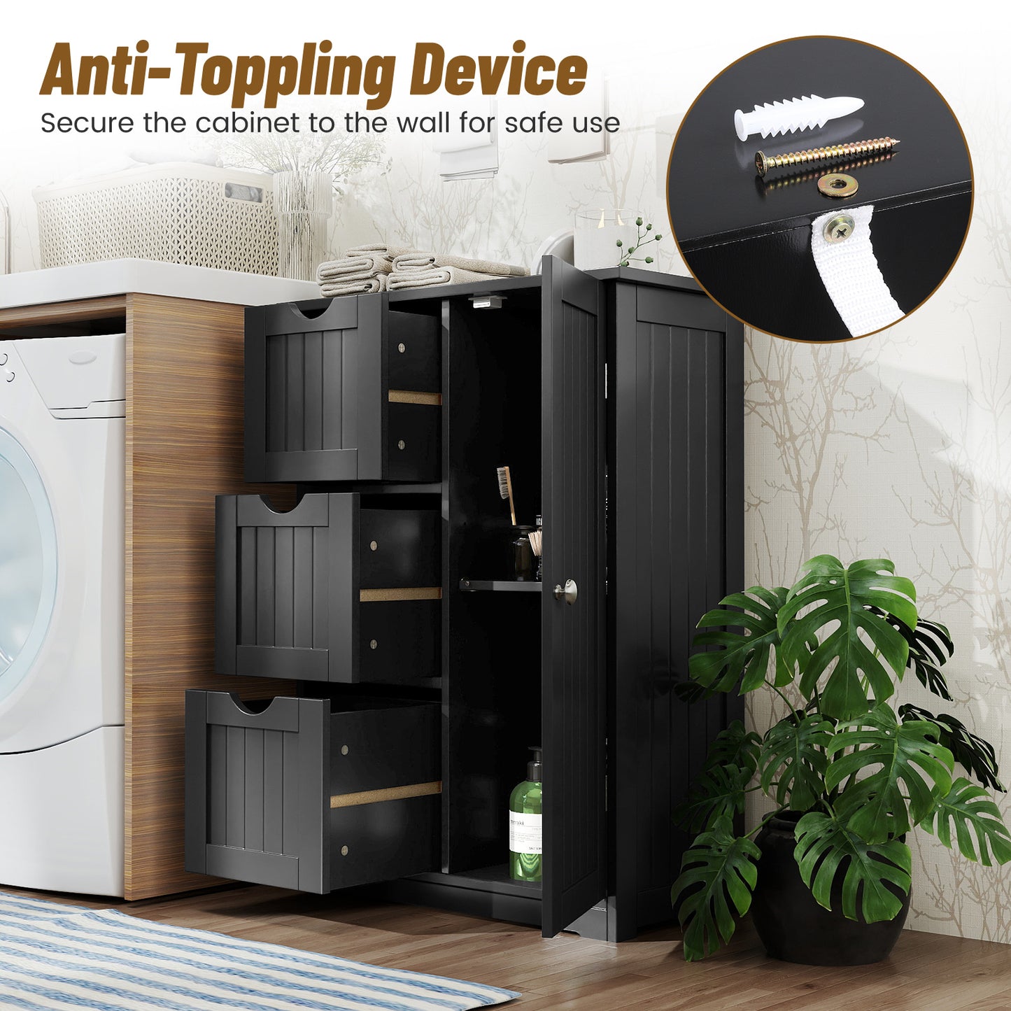 Bathroom Floor Cabinet, 3 Drawers, 1 Cupboard, Black Floor Cabinets at Gallery Canada