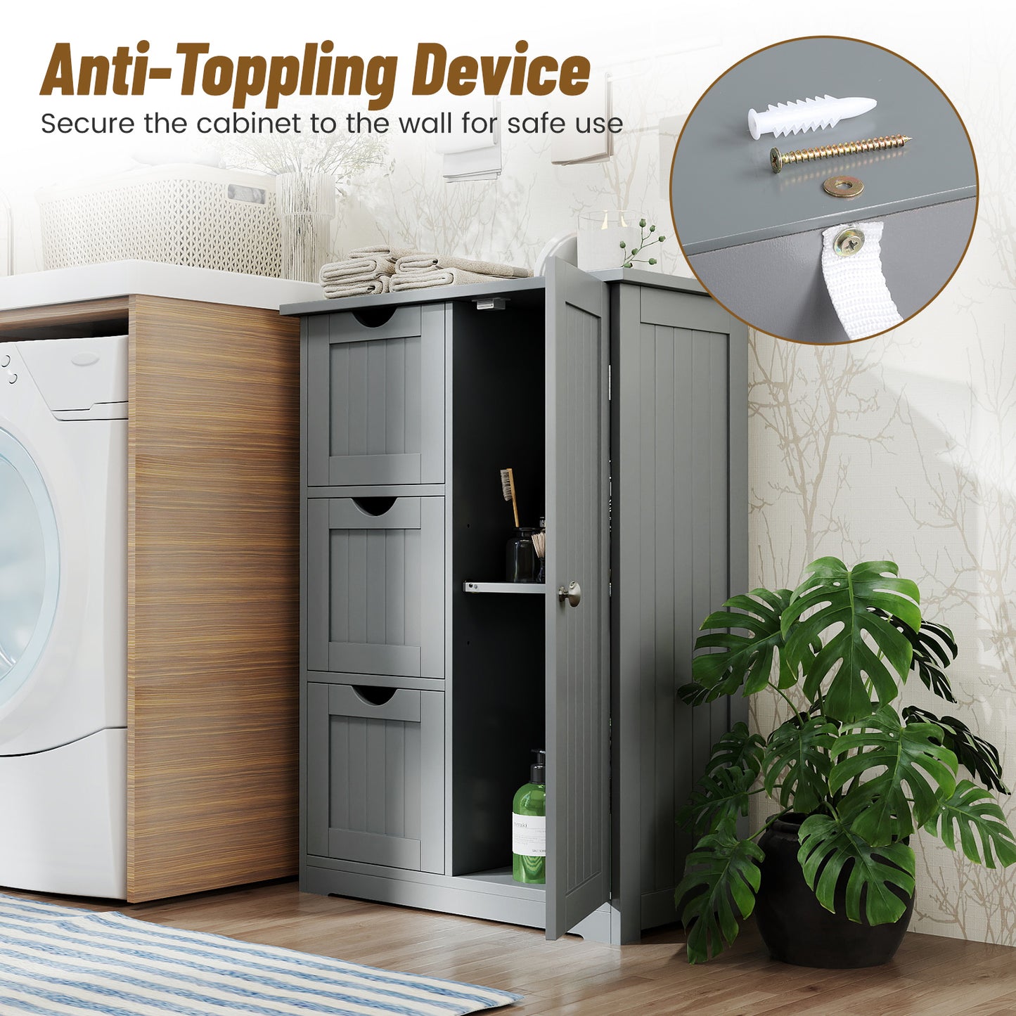 Bathroom Floor Cabinet, 3 Drawers 1 Cupboard, Gray Floor Cabinets at Gallery Canada