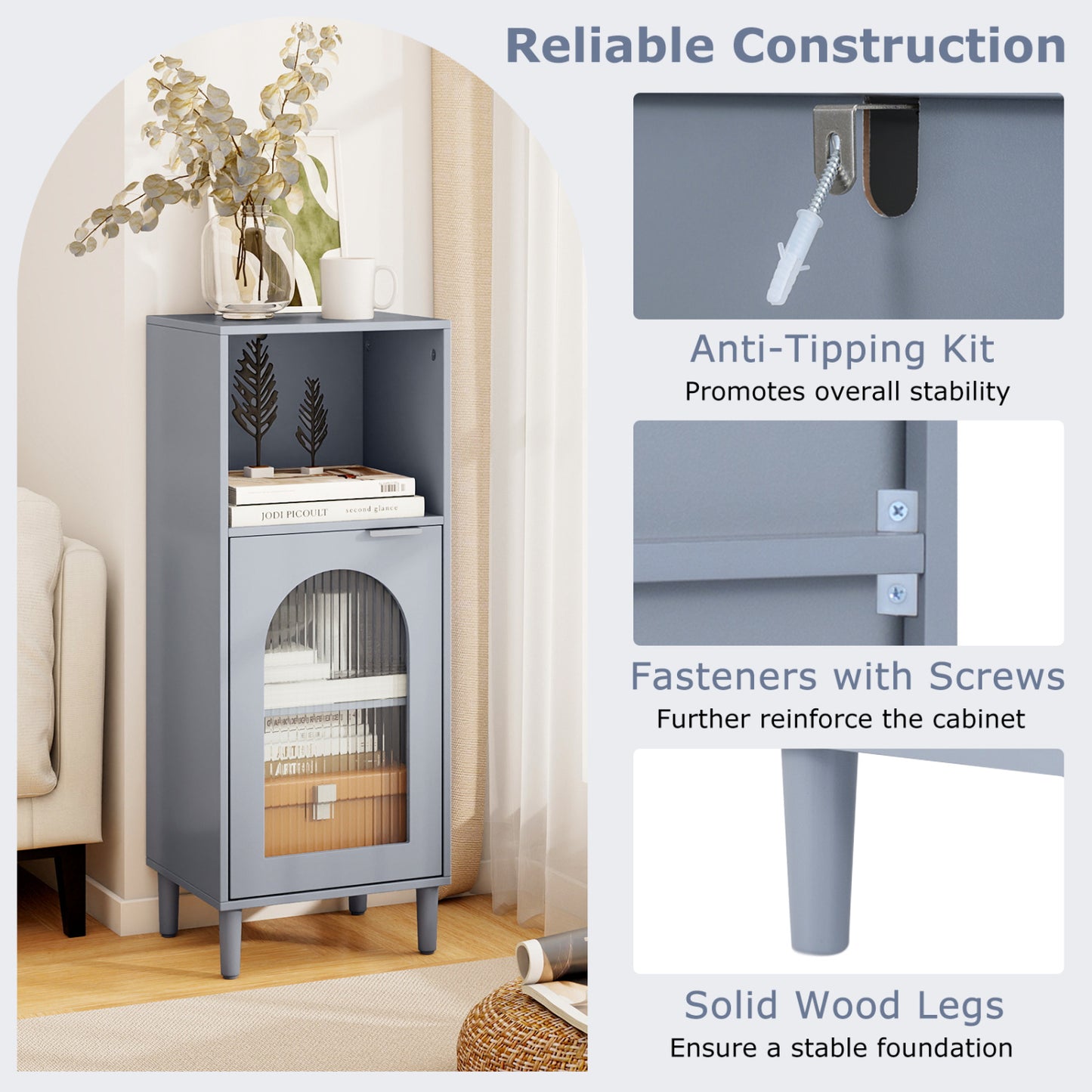 Bathroom Floor Cabinet, Wood Side Storage, Adjustable Shelf, Gray