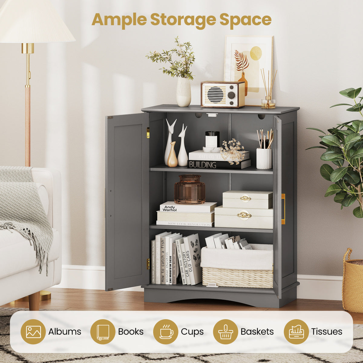 Bathroom Floor Storage Cabinet, 2 Doors, Adjustable Shelves, Gray Floor Cabinets at Gallery Canada