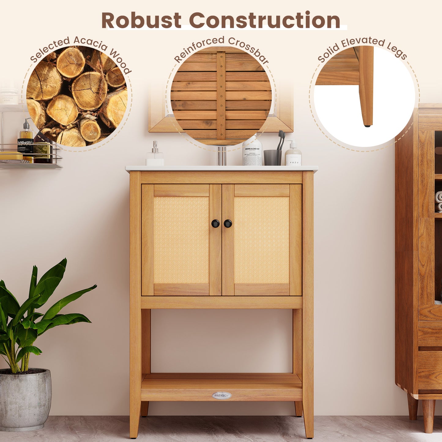 Bathroom Vanity with Ceramic Sink 2 Rattan Doors and Slatted Shelf Floor Cabinets at Gallery Canada