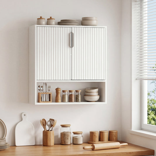 Bathroom Wall Cabinet, 2 Fluted Doors, Open Cube, Adjustable Shelf, White Wall Cabinets White at Gallery Canada