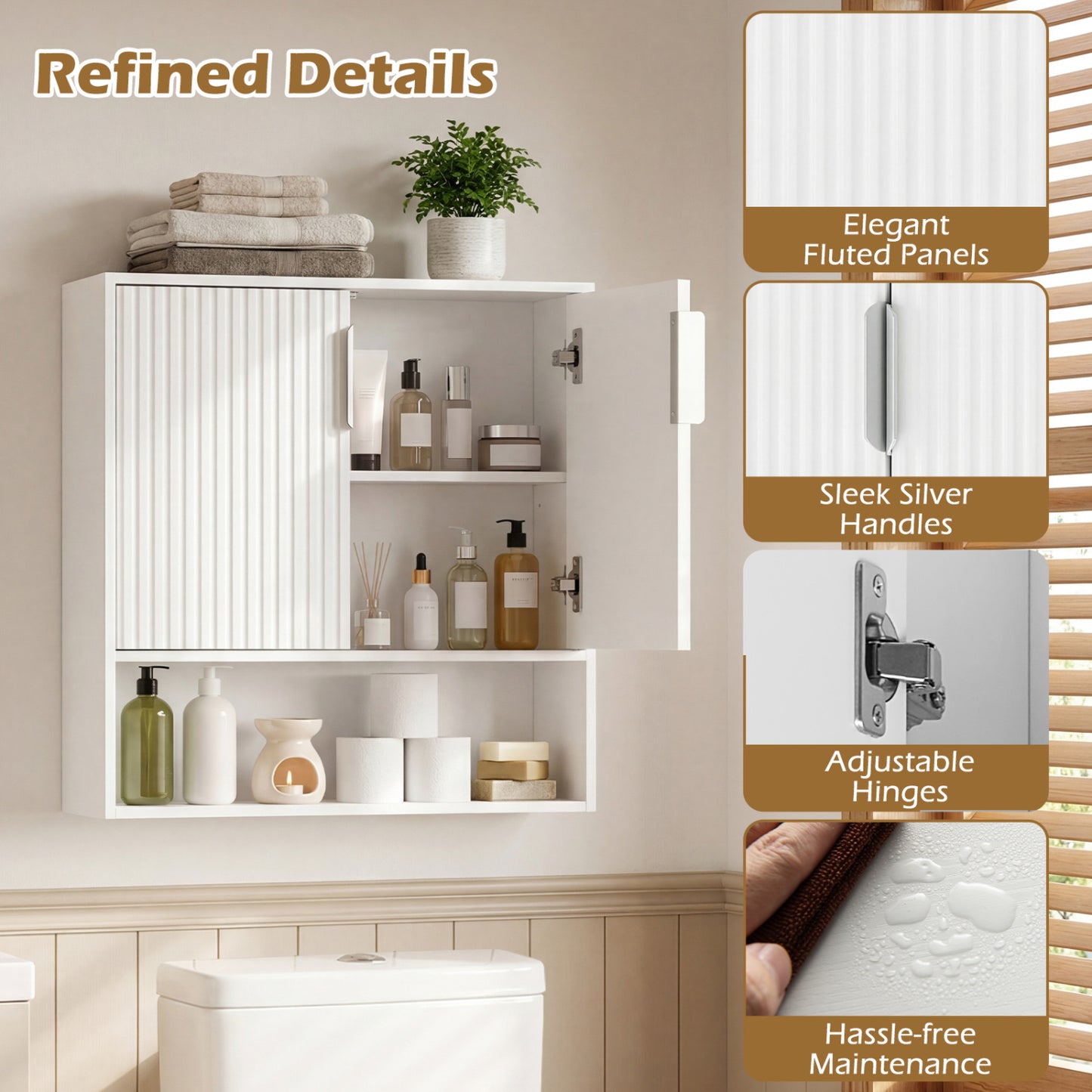 Bathroom Wall Cabinet, 2 Fluted Doors, Open Cube, Adjustable Shelf, White Wall Cabinets at Gallery Canada