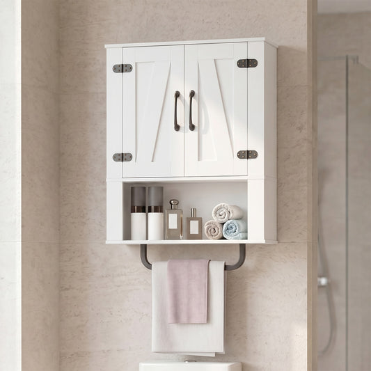 Bathroom Wall Cabinet with 2 Barn Doors and Towel Bar and 3-Tier Wooden Storage, White Wall Cabinets White at Gallery Canada