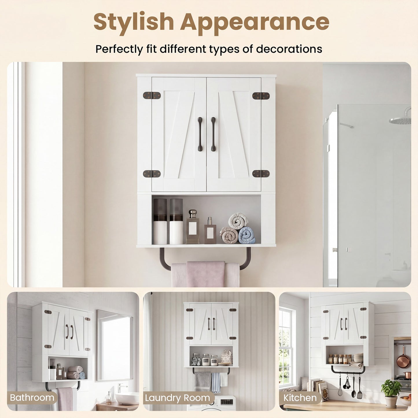 Bathroom Wall Cabinet with 2 Barn Doors and Towel Bar and 3-Tier Wooden Storage, White Wall Cabinets at Gallery Canada