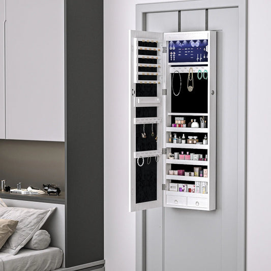 Mirror Jewelry Cabinet with LED Lights, 2 Keys, Wood Grain Grey, Grey Jewelry Armoire & Jewellery Mirror Cabinets Grey Wood Grain at Gallery Canada