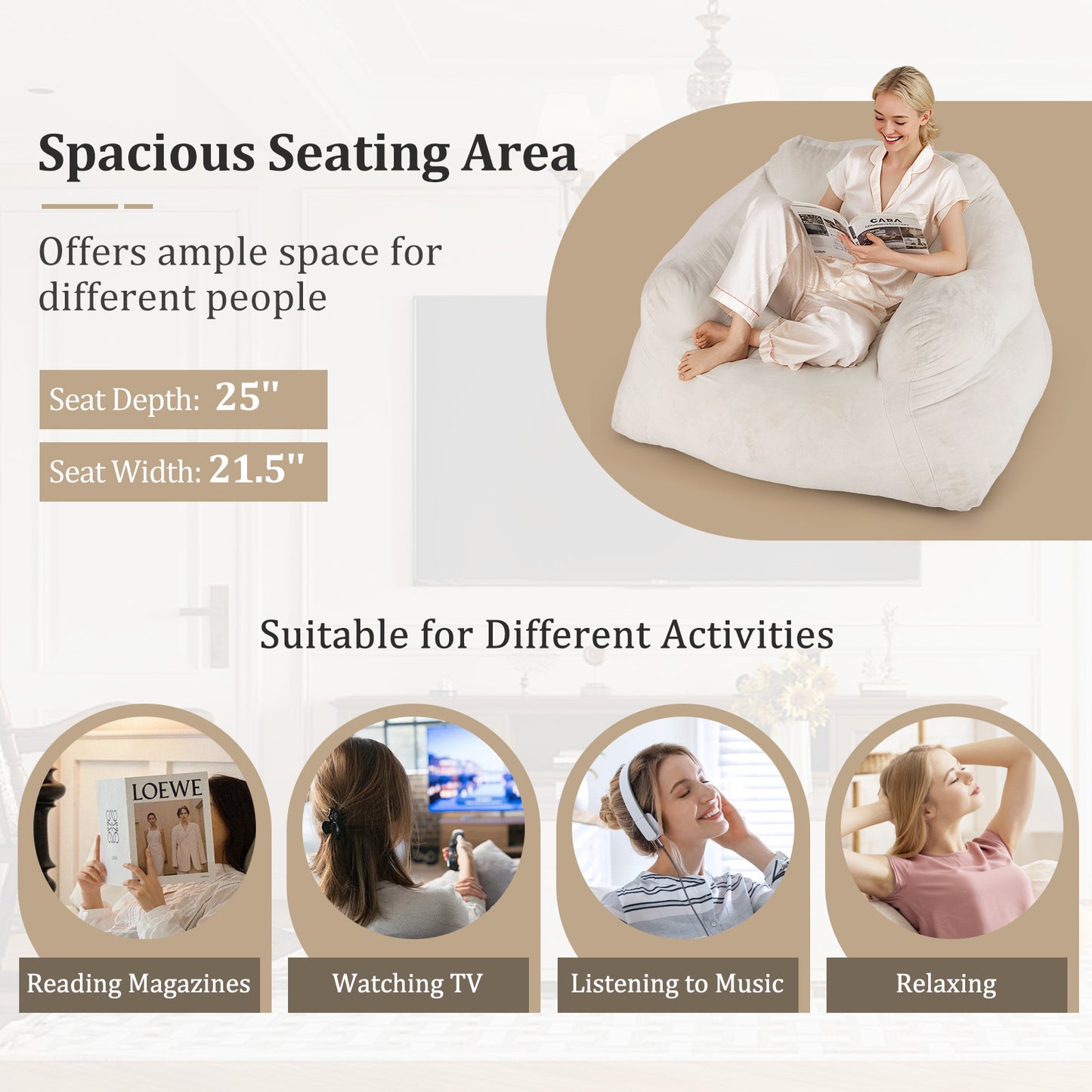 Plush Bean Bag Chair, Ultra-Soft Velvet Cover, Beige Floor Chairs at Gallery Canada