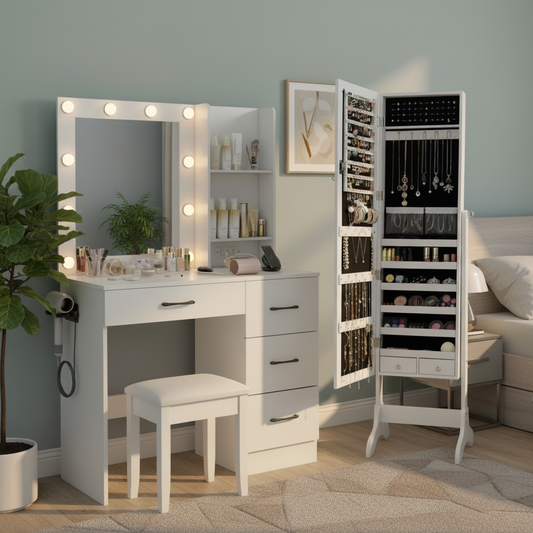 Bedroom Set with Lockable Mirrored Jewelry Cabinet and Vanity Desk Bedroom Options at Gallery Canada