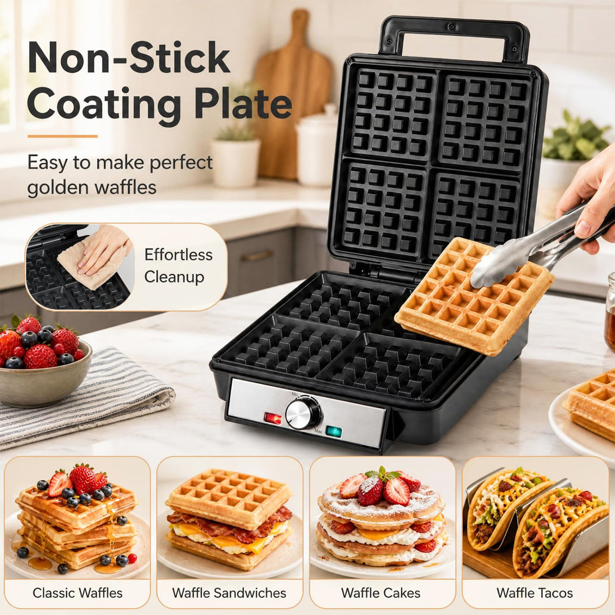 4-Slice Belgian Waffle Maker 1200W Nonstick, Black Small Appliances at Gallery Canada