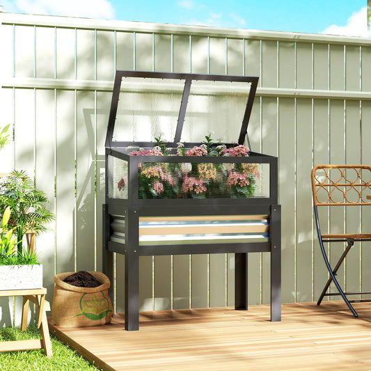Raised Garden Bed With Greenhouse Top, Wooden Elevated Planter, Grey Elevated Garden Beds Grey at Gallery Canada