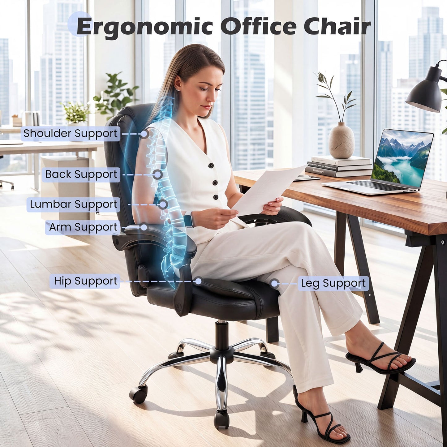 Big High Back Executive Chair with Linkage Armrests and Leather Padded Seat for Office, Black