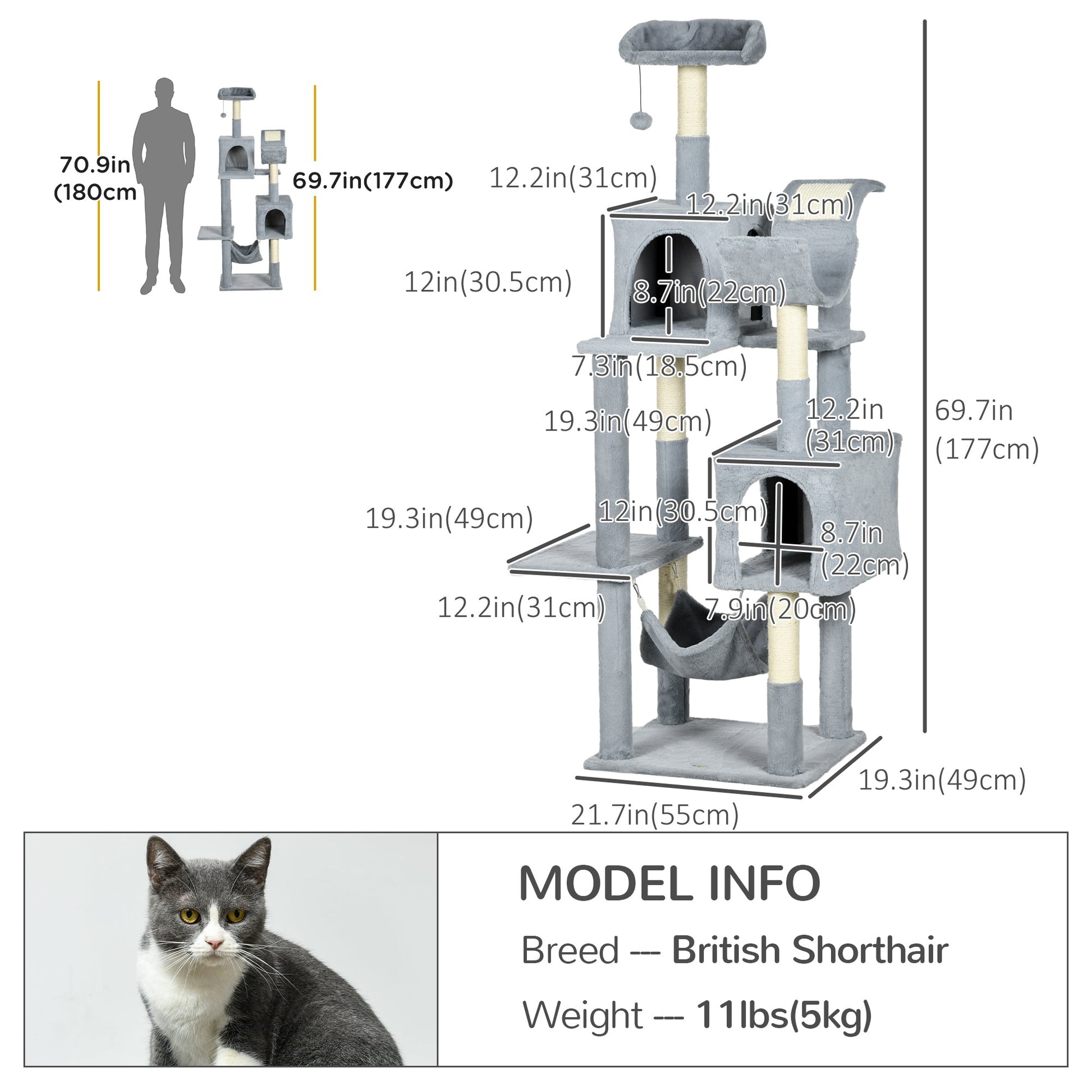 Tall Cat Tree for Indoor Cats, 70" Multi-Level Cat Tower with Hammock, Cat Bed, Cat Condo with Sisal Scratching Posts, Bluish Grey at Gallery Canada