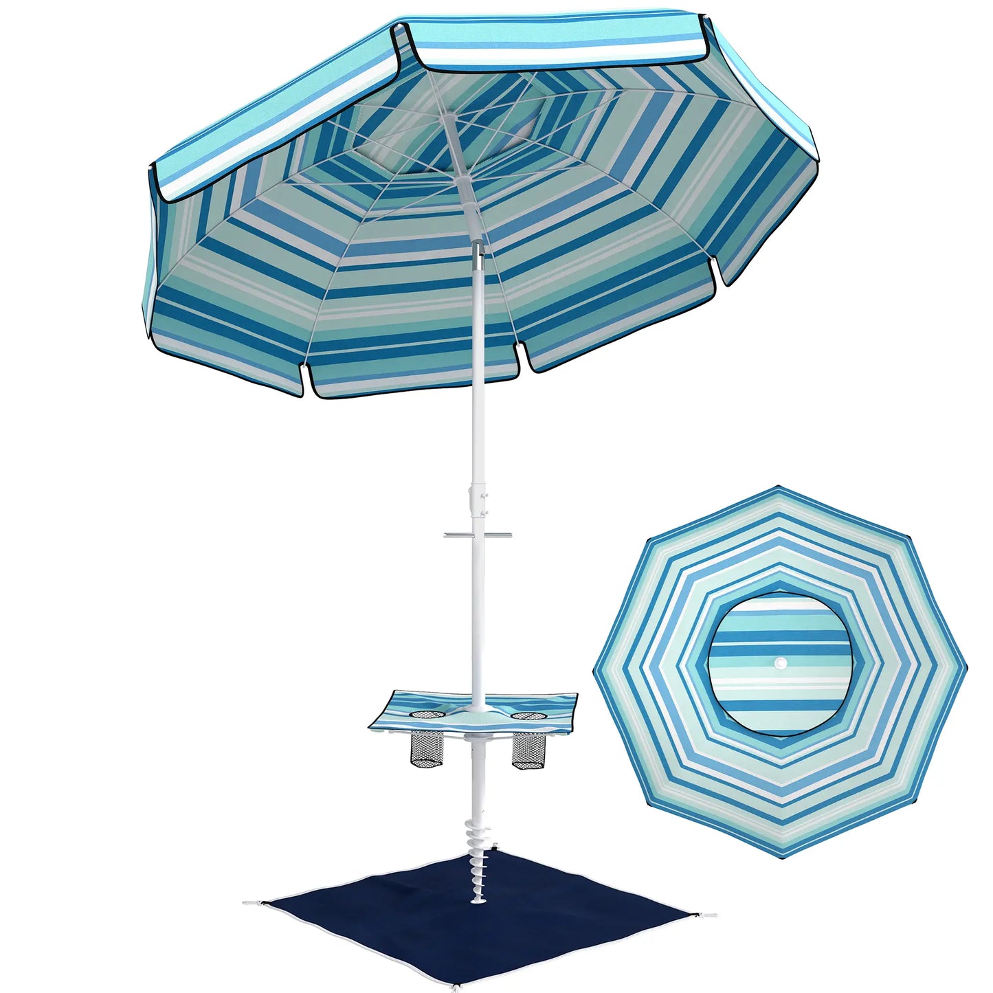 6 ft Portable Beach Umbrella With Foldable Table, Tilting Sun Shade, Dark Blue