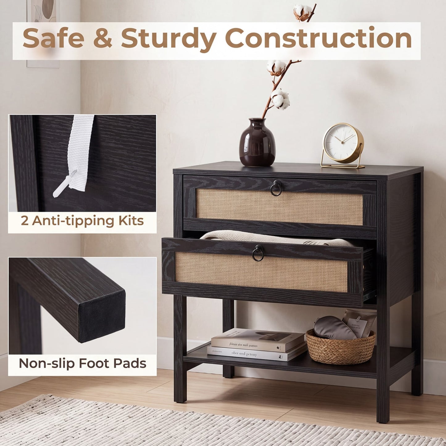 Rattan Nightstand, 2 Drawers, Open Shelf, Black