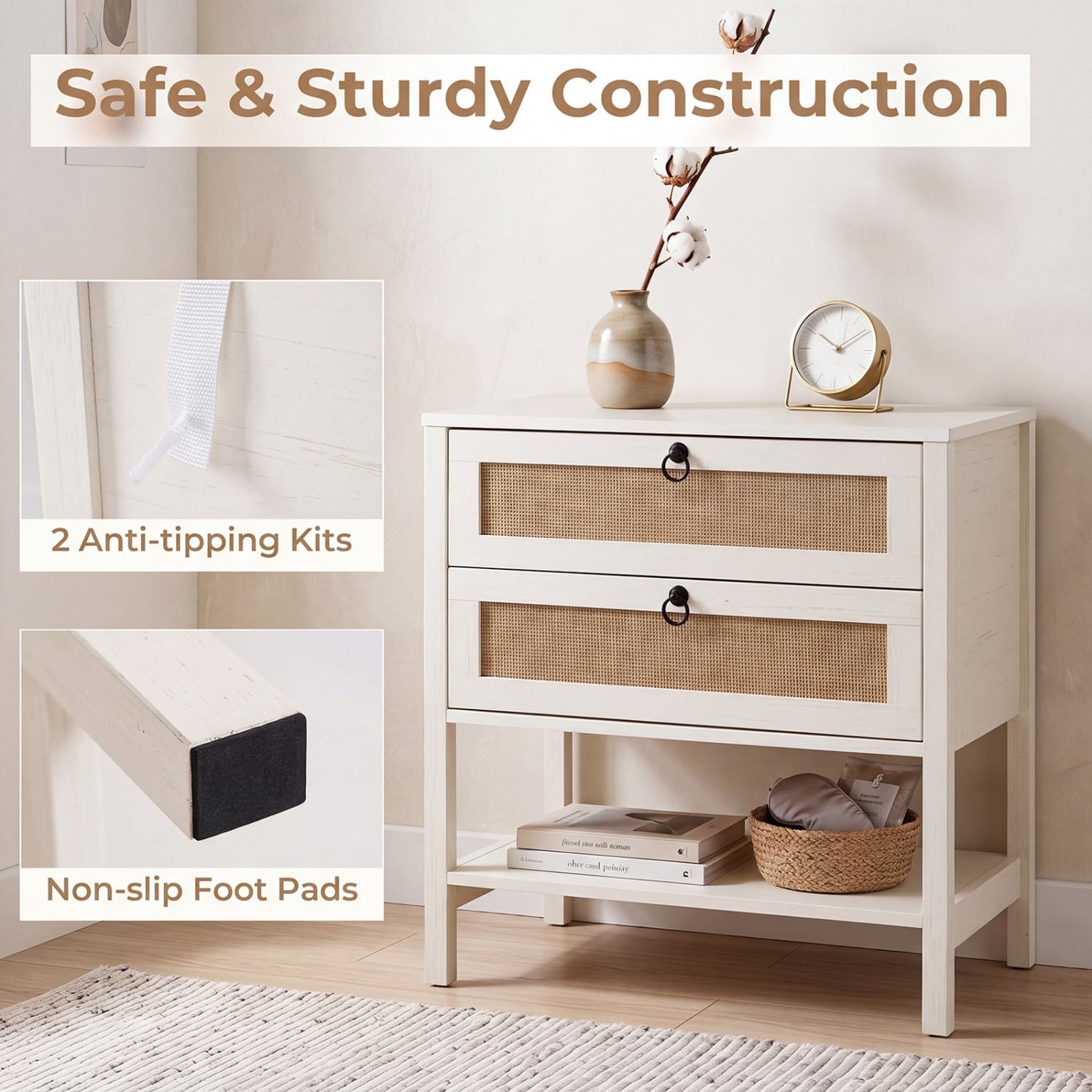 Boho Rattan Nightstand, 2 Drawers, Open Shelf, White