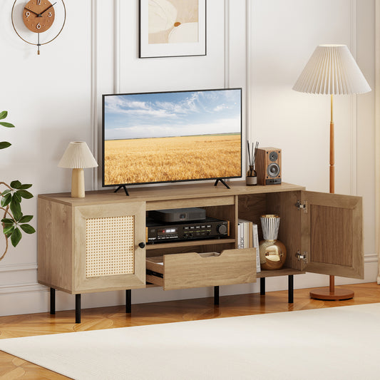 Boho TV Stand For 60 Inch TV, Entertainment Center With Cabinets, Natural Entertainment Centers & TV Stands Natural at Gallery Canada