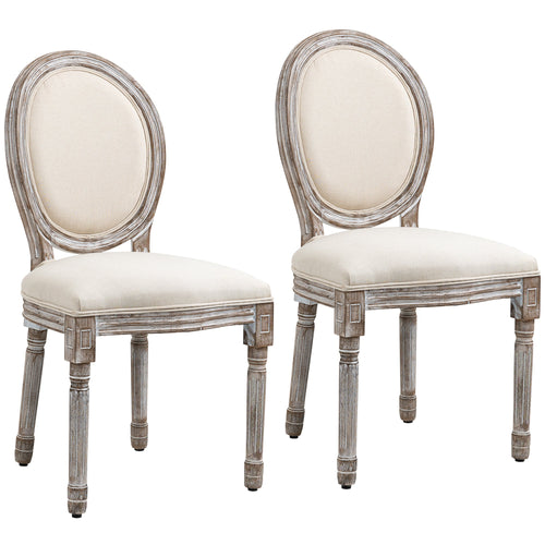 Dining Chairs Set of 2, French Style Linen Fabric Upholstered Kitchen Chairs with Backs and Wood Legs for Dining Room, Cream White