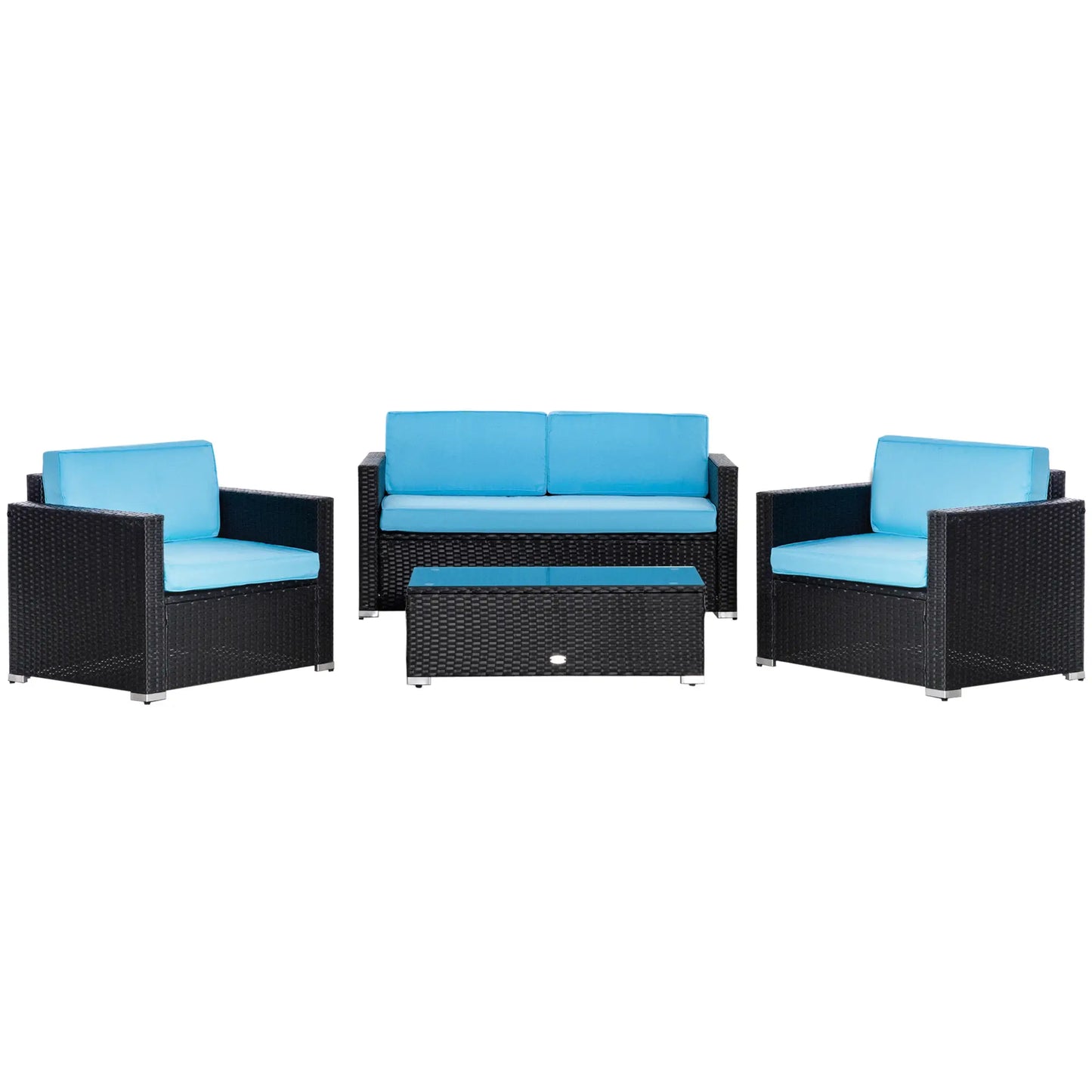 4-Piece Wicker Patio Set, Thick Cushions, PE Rattan Sofa, Glass Table, Sky Blue Patio Furniture Sets at Gallery Canada