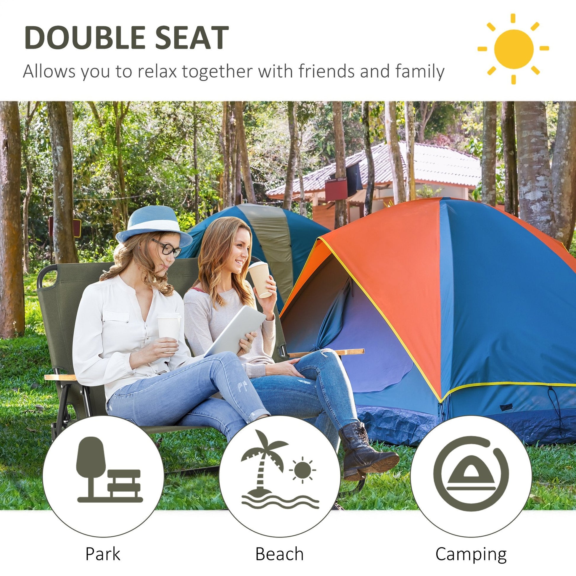 Double Folding Chair, Loveseat Camping Chair for 2 Person, Portable Outdoor Chair with Wood Armrest for Fishing Travel, Green at Gallery Canada