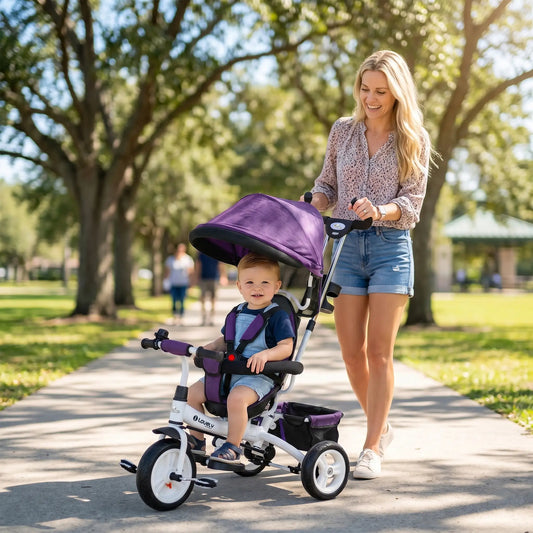 6 in 1 Toddler Tricycle Stroller, Basket, Canopy, 5-Point Harness, 12-60 Months, Purple Tricycles for Kids Purple, White at Gallery Canada