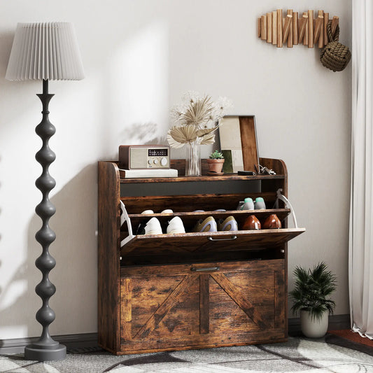 Narrow Shoe Storage Cabinet, 2 Flip Drawers, Adjustable Shelves, Rustic Brown Shoe Storage Cabinets & Racks Rustic Brown at Gallery Canada