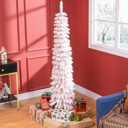 6ft Snow-Flocked Slim Pencil Christmas Tree, 395 Branches, Metal Base, Pink