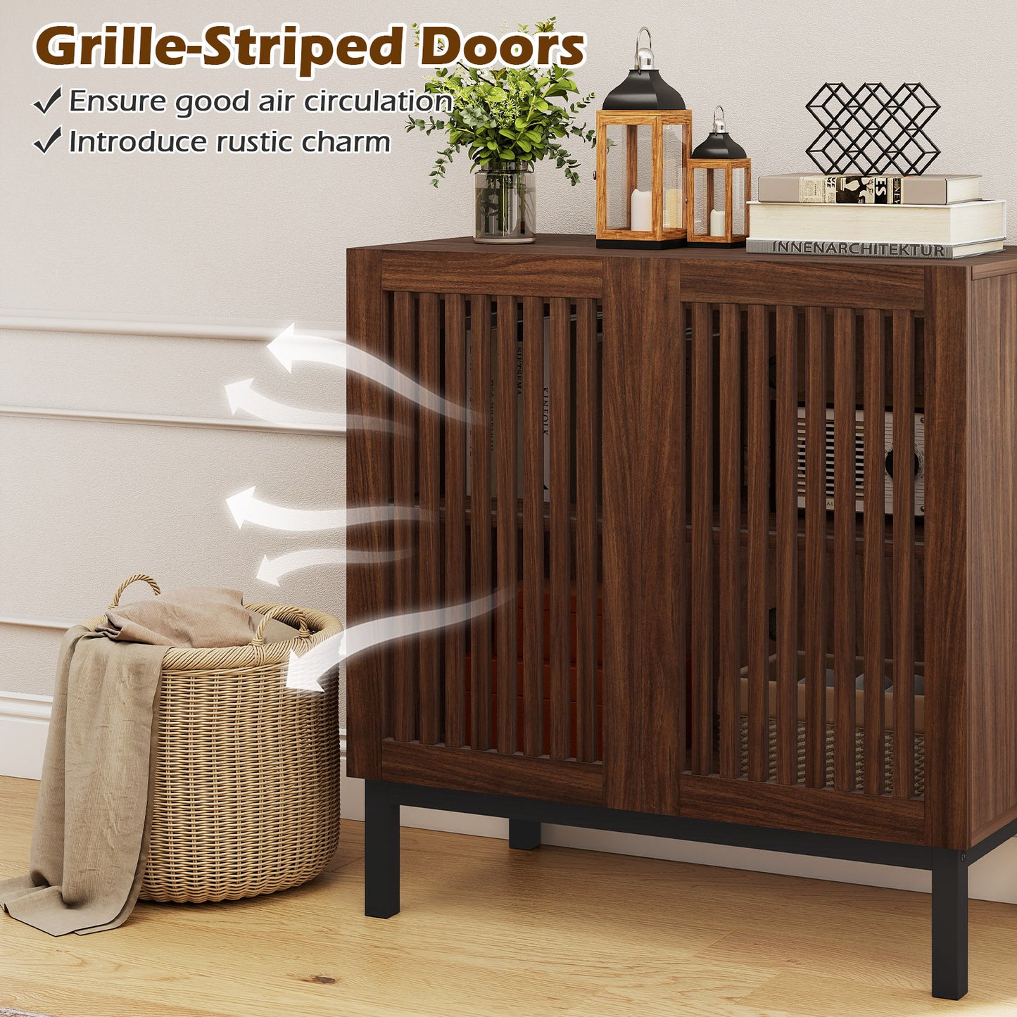 Wooden Buffet Cabinet, 32" Storage Sideboard, Walnut Coffee Bar Station Sideboards Cabinets & Buffets at Gallery Canada