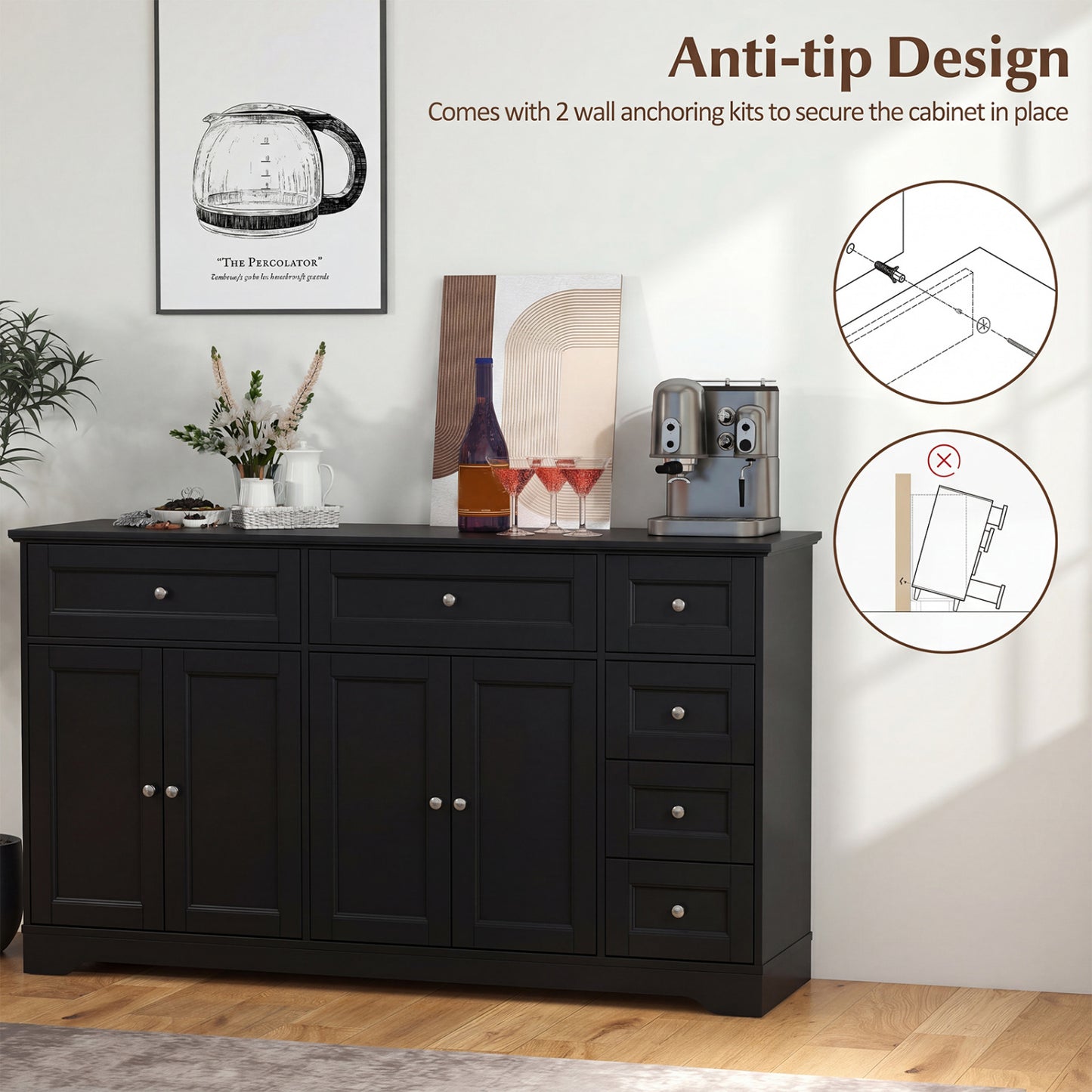 Buffet Sideboard 59" Console Table, Black