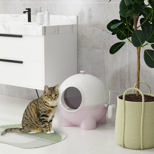 Enclosed Cat Litter Box, Large, with Lid, Scoop, Leak Proof Pedal, Pink Cat Litter Box Enclosures Pink, White at Gallery Canada