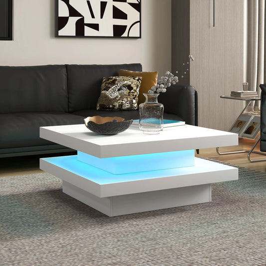 Square Coffee Table, 2-Tier with 7 LED Lights, Remote, White Coffee Tables White at Gallery Canada