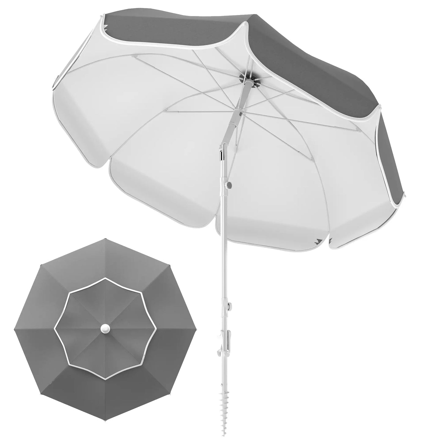 6 ft Portable Beach Umbrella, Sand Anchor, Carry Bag, Adjustable, UPF50+, Grey