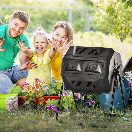 43 Gallon (160L) Tumbling Compost Bin, Dual Chamber, 360° Rotating, Black Outdoor Compost Bin Black at Gallery Canada