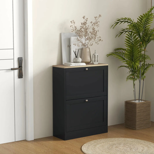 Armoire de rangement pour chaussures mince, 2 tiroirs à rabat, étagères réglables pour 12 paires, noir
