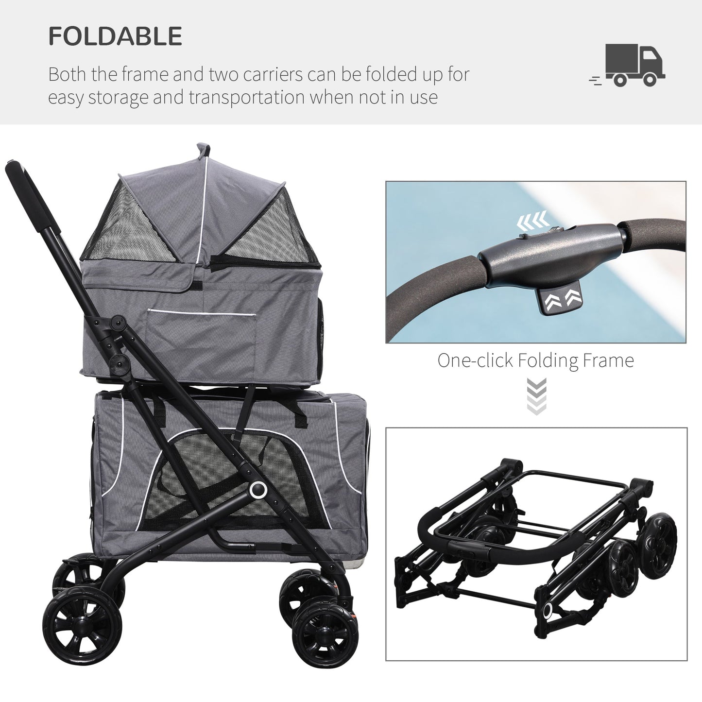 3-in-1 Double Pet Stroller for Small Miniature Dogs Cats with Removable Carrier, Foldable Travel Carrier Bag, Car Seat, Grey at Gallery Canada