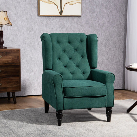 Fabric Accent Chair, Button Tufted, Wood Legs, Dark Green Accent Chairs Dark Green at Gallery Canada