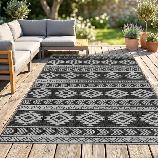 Reversible Outdoor RV Rug, Patio Mat, 6' x 9', Black & Grey Garden Decor Black and Grey at Gallery Canada