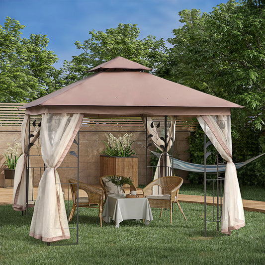 Pergola en acier 10'x10', Toit souple, Toit à 2 niveaux, Marron