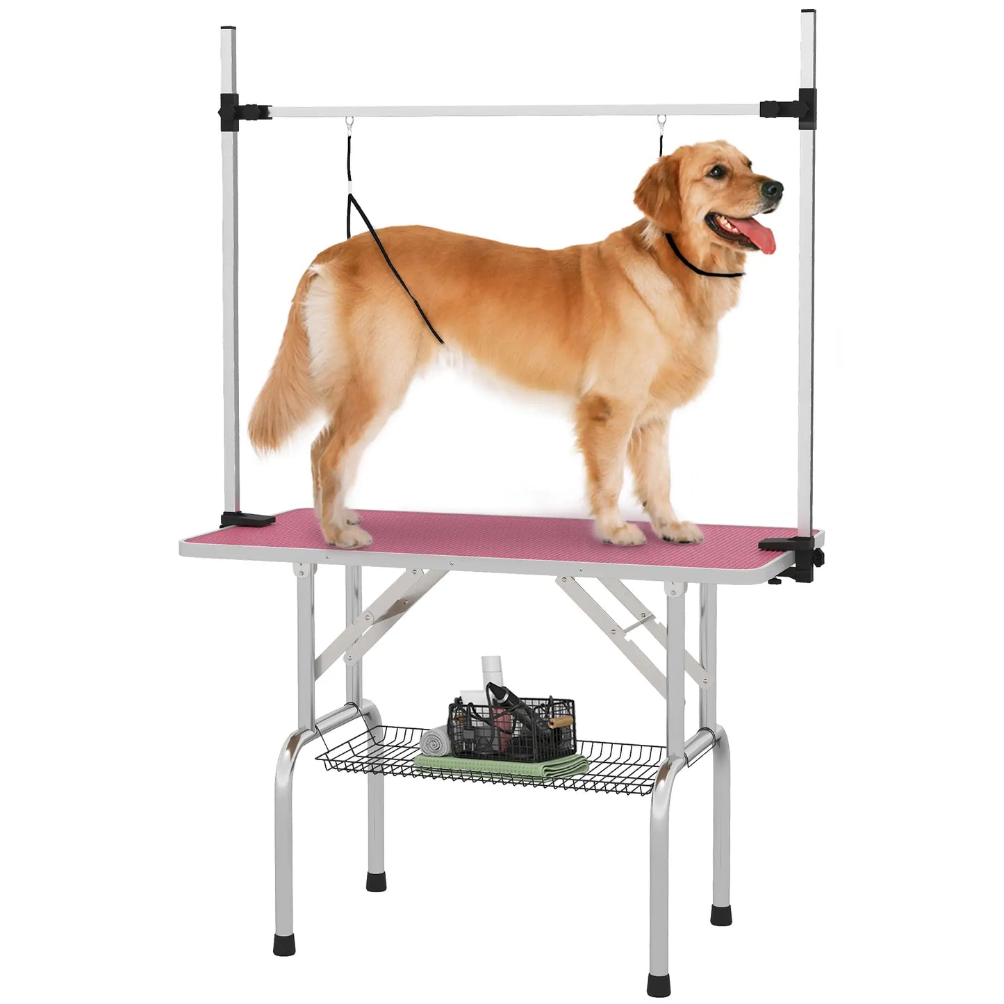 Adjustable Dog Grooming Table, 2 Safety Slings, Storage Basket, Pink Dog Grooming Tables at Gallery Canada
