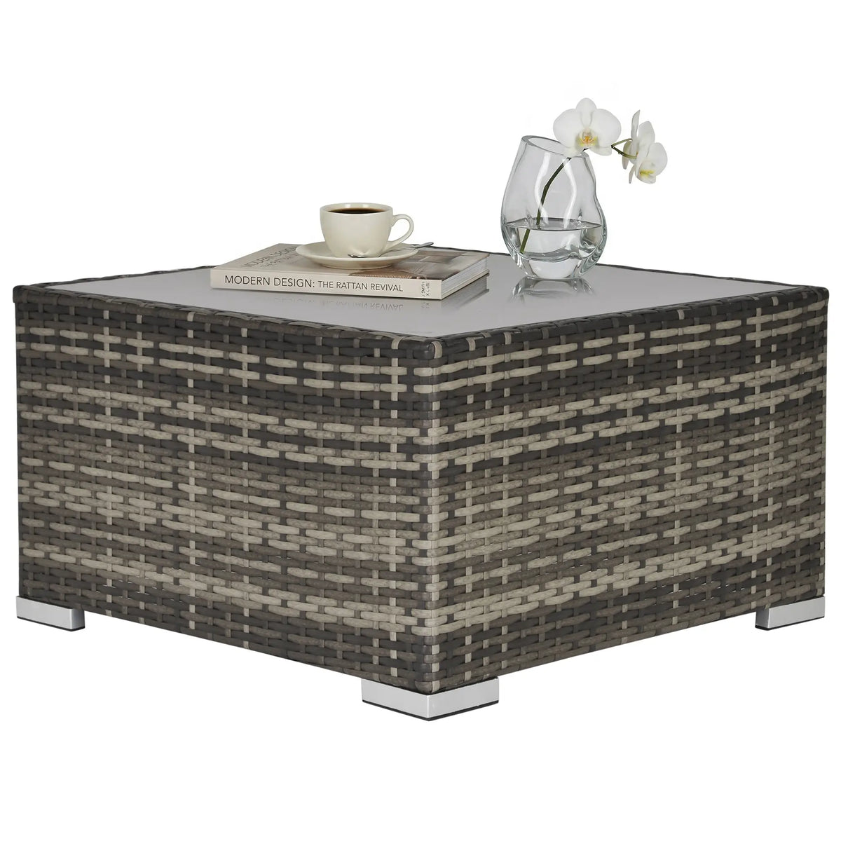 Rattan Coffee Table, 25.6" Square, Tempered Glass Top, Deep Grey Patio Side Tables at Gallery Canada