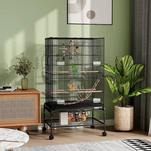 43" Bird Cage With Rolling Stand, Toys, For Budgies Canaries, Black