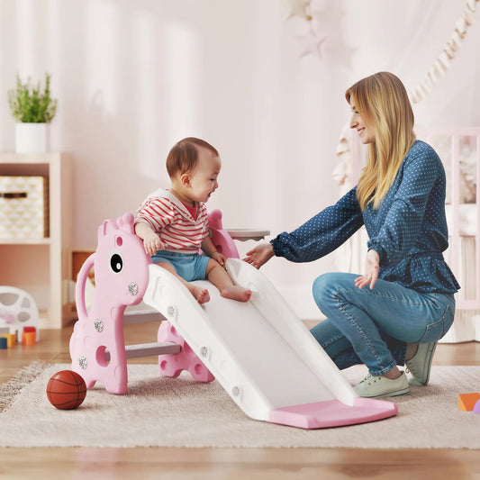 3 in 1 Toddler Slide, Climber, Basketball Hoop, Giraffe Design, Pink