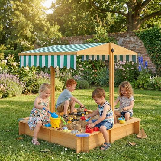 Wooden Sandbox With Cover, Outdoor For Kids, Light Brown Sandboxes & Accessories Light Brown, Green at Gallery Canada