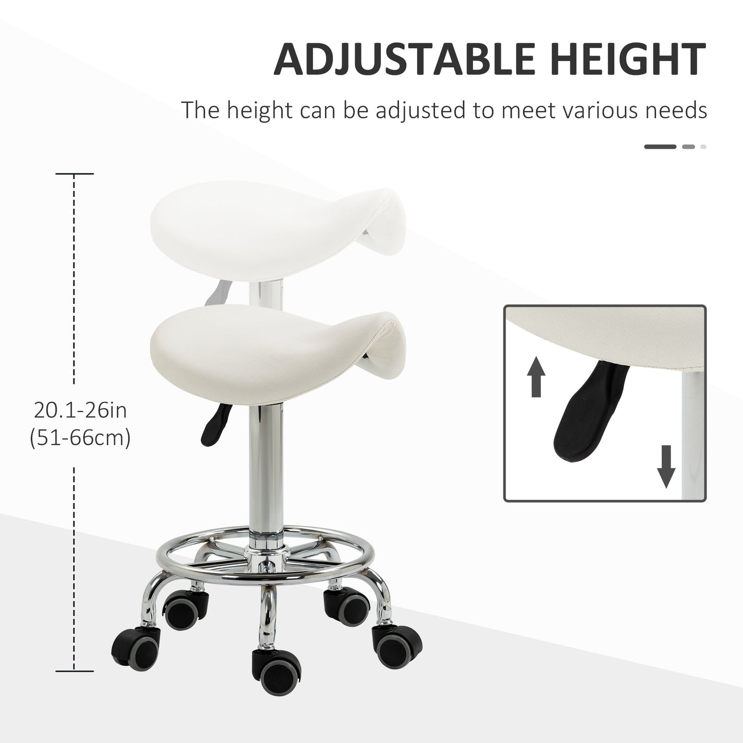 Saddle Stool, PU Leather Adjustable Rolling Salon Chair for Massage, Spa, Clinic, Beauty and Tattoo, White at Gallery Canada