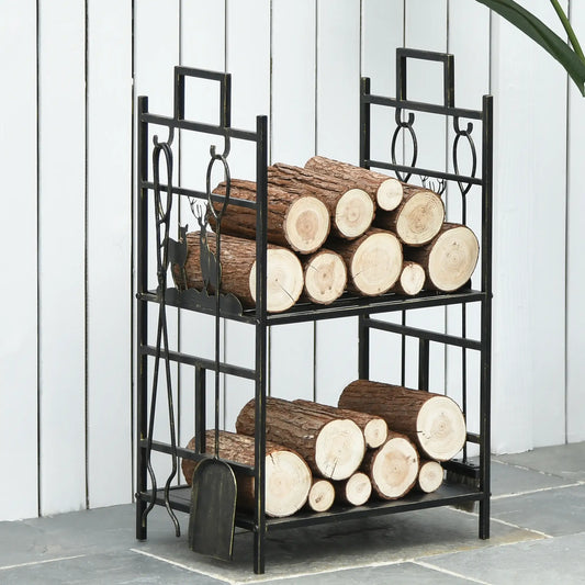 2-Layer Heavy Duty Firewood Rack, 4 Tools, Black and Gold Firewood Racks Gold at Gallery Canada