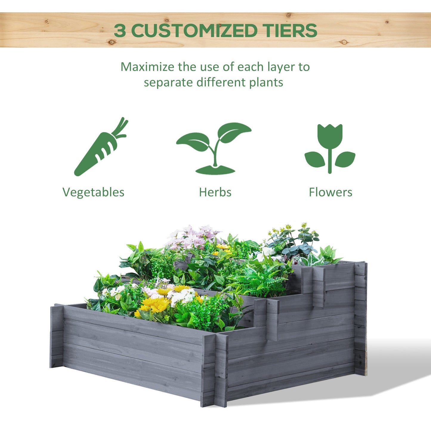 3-Tier Wood Raised Garden Bed, Elevated Planting Box, Outdoor Vegetable Flower Container, Herb Garden Indoor Kit, Gray at Gallery Canada