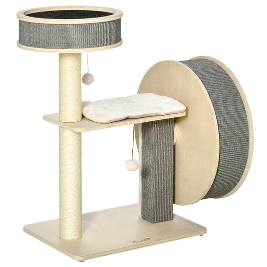 35.8" Cat Tree Kitty Tower with Scratching Posts Running Wheel Cat Bed Cushions Hanging Ball, Natural - Gallery Canada