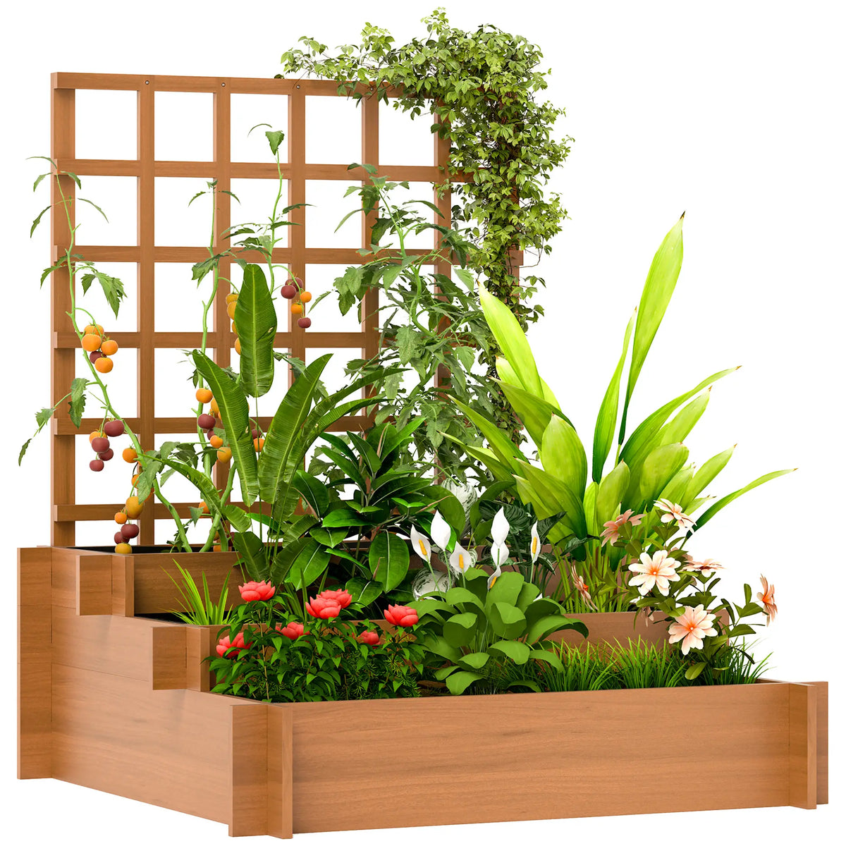 Wooden Elevated Planter Box with Trellis, 3 Tier Raised Garden Bed, Brown Raised Garden Beds at Gallery Canada