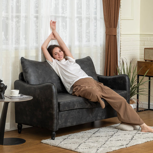 55" Loveseat Sofa, 2 Seater with Wood Legs, PU Leather, Grey 2-Seater Sofas Grey at Gallery Canada